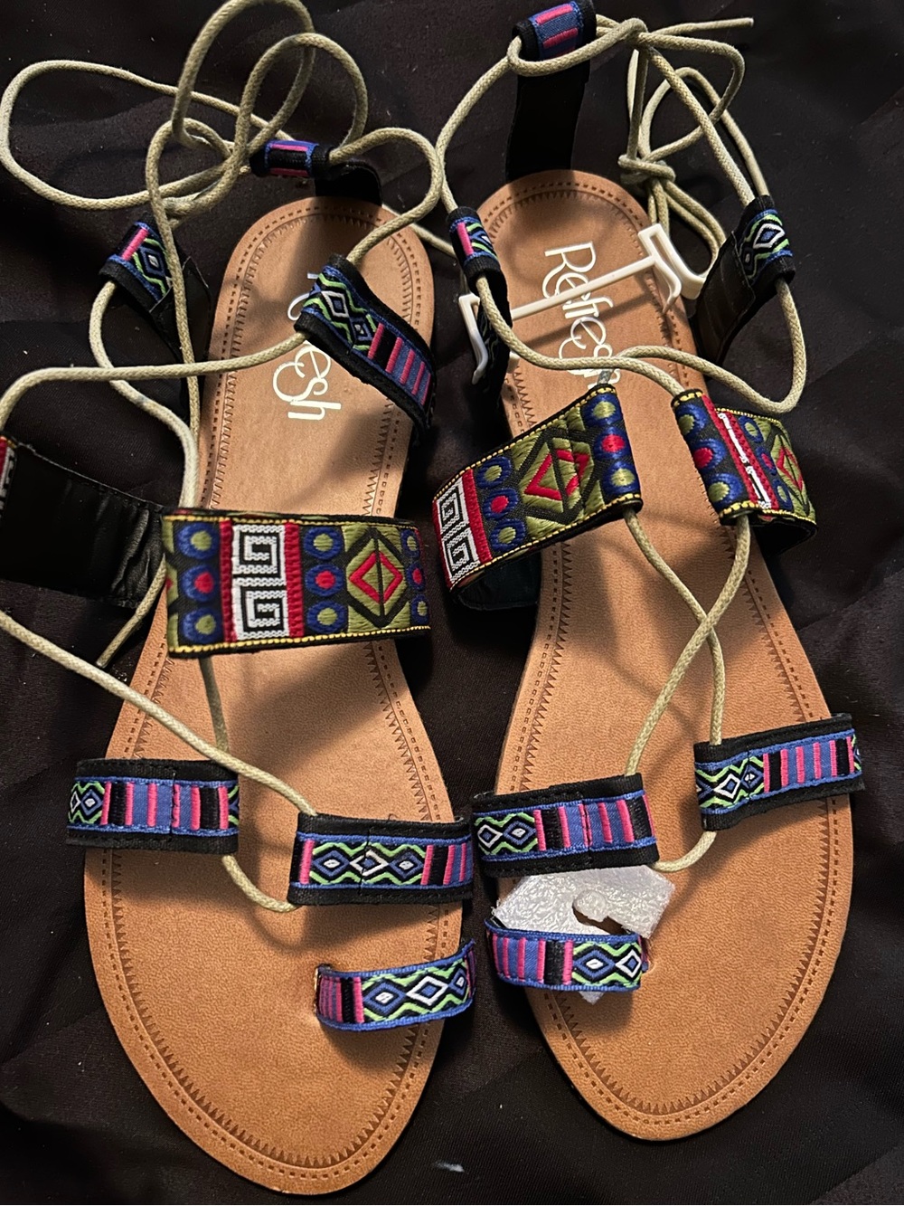 Refresh Multicolor Embroidered Lace-Up Women's Sandals Tribal Print Sandals